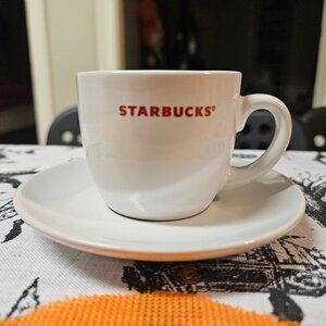 Starbucks Coffee Espresso Cup with Saucer Red Spellout Lettering 3oz 2008